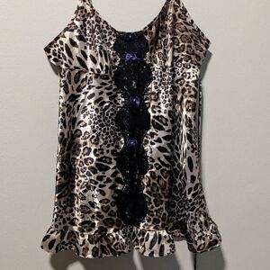 In Bloom by Jonquil Leopard Chemise Baby Doll Lace Purple Front Detail Sz M